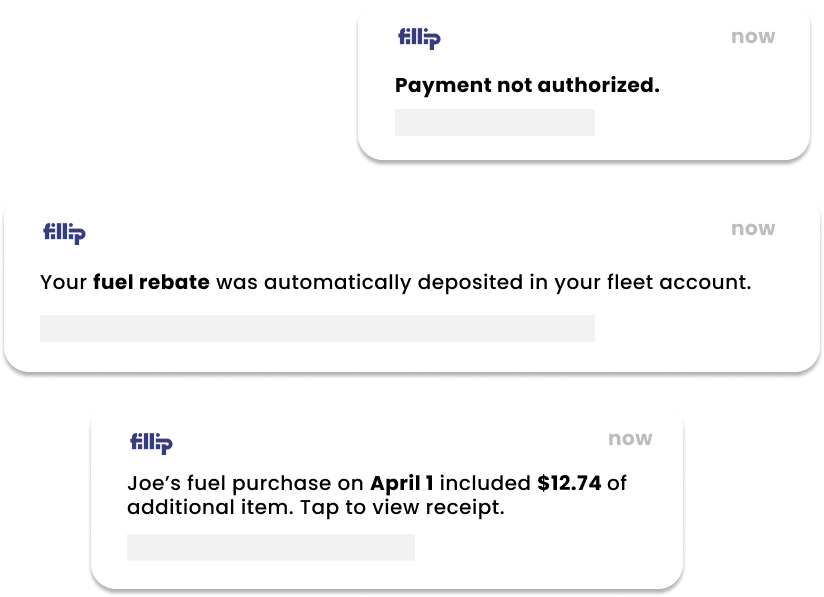 Fillip in-app and push notifications for suspicious transactions, tracking fuel spend to prevent fuel fraud.