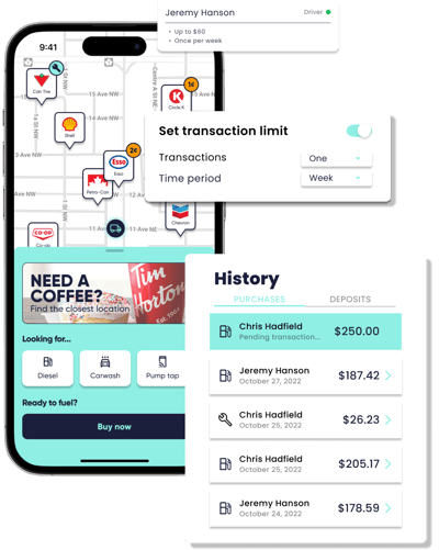 Fillip in-app live gas station map, fuel spend history with card controls of transaction limits. Fillip in-app live gas station map, fuel spend history with card controls of transaction limits.