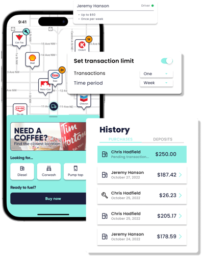 Fillip in-app live gas station map, fuel spend history with card controls of transaction limits.