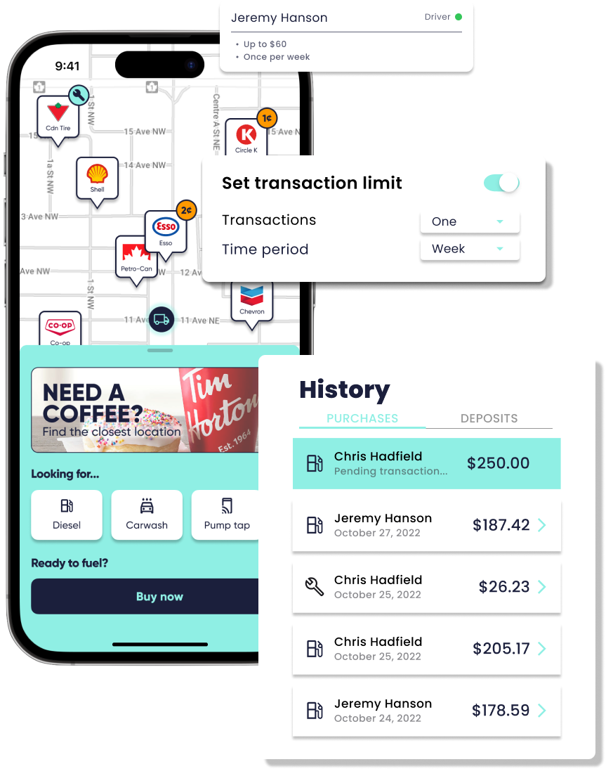 Fillip in-app live gas station map, fuel spend history with card controls of transaction limits.